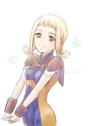Rule 34 | 1girl, blonde hair, bodysuit, braid, breasts, closed mouth, final fantasy, final fantasy xii, interlocked fingers, long hair, looking at viewer, medium breasts, penelo, small breasts, smile, solo, sorawoyumemiru, twin braids, twintails, white background, yellow eyes