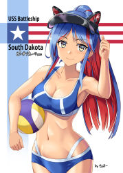 Rule 34 | 1girl, artist name, ball, beach volleyball, blue hair, breasts, brown eyes, character name, cleavage, collarbone, holding, holding ball, kantai collection, large breasts, long hair, looking at viewer, monsuu (hoffman), multicolored hair, navel, red hair, smile, solo, south dakota (kancolle), sports bikini, standing, visor cap, volleyball, volleyball (object), white hair