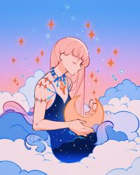 Rule 34 | 1girl, blue dress, closed eyes, closed mouth, cloud, crescent moon, dress, gradient background, gradient hair, highres, jewelry, meyoco, moon, moon phases, multicolored hair, necklace, on cloud, original, pastel colors, pink hair, sleeveless, star (sky), star (symbol), star print, sunset