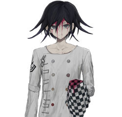 Rule 34 | 1boy, black hair, blood, blood on clothes, blood on face, buttons, checkered clothes, checkered floor, checkered scarf, collarbone, danganronpa (series), danganronpa v3: killing harmony, double-breasted, frown, grey jacket, hair between eyes, holding, holding clothes, holding scarf, iumi urura, jacket, looking at viewer, male focus, oma kokichi, purple eyes, scarf, unworn scarf, simple background, solo, upper body, white background