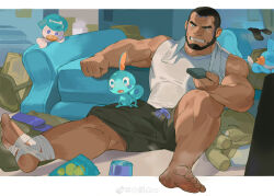 Rule 34 | 1boy, absurdres, atcesolcyc, bandaged foot, bandages, bara, beard, big nose, black hair, black shorts, black socks, blue eyes, buzz cut, calf, chinese commentary, clenched teeth, commentary request, commission, controller, creatures (company), dark-skinned male, dark skin, facial hair, feet, full body, game freak, gen 3 pokemon, gen 8 pokemon, highres, male focus, matt (pokemon), mature male, mudkip, muscular, muscular male, nintendo, pectoral cleavage, pectorals, pokemon, pokemon (creature), pokemon oras, quaxly, remote control, second-party source, shirt, short hair, shorts, sidepec, sitting, sleeveless, sleeveless shirt, smell, sobble, socks, soles, solo focus, spread legs, steaming body, substitute (pokemon), sweat, teeth, toes, unworn socks, veins, veiny arms, very short hair, white shirt
