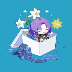 Rule 34 | 1boy, alcohol, blue background, blue flower, blue ribbon, blue rose, cape, champagne, closed eyes, dangle earrings, earrings, english text, fang, flower, jewelry, mahoutsukai no yakusoku, male focus, mini person, miniboy, mirrored text, murr hart, open mouth, red cape, ribbon, rose, sakuraihum, short hair, simple background, skin fang, solo, white lily