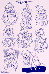 Rule 34 | 1girl, ?, akairiot, bar censor, blue eyes, blush, censored, collage, crown, crying, dress, earrings, elbow gloves, english text, expressions, gloves, heart, highres, implied sex, jewelry, long hair, mario (series), monochrome, mushroom, nintendo, princess peach, solo, super mario bros. 1