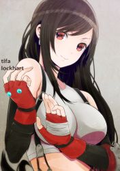 Rule 34 | 1990s (style), 1girl, black hair, breasts, character name, female focus, final fantasy, final fantasy vii, fingerless gloves, gloves, gradient background, highres, kuso bba, large breasts, long hair, looking at viewer, red eyes, red gloves, retro artstyle, solo, suspenders, tifa lockhart