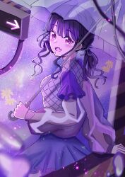 Rule 34 | 1girl, absurdres, artist request, black hair, commentary request, fang, fukumaru koito, hair ribbon, highres, holding, holding umbrella, idolmaster, idolmaster shiny colors, long hair, long sleeves, looking at viewer, looking back, miniskirt, puffy sleeves, purple eyes, ribbon, see-through, see-through sleeves, skin fang, skirt, solo, swept bangs, transparent, transparent umbrella, twintails, umbrella