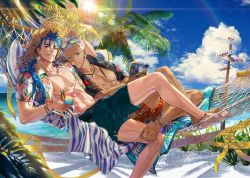 Rule 34 | 2boys, abs, alternate costume, anklet, archer (fate), blue hair, brown eyes, bulge, cocktail glass, cu chulainn (fate), cup, dark skin, dark-skinned male, drinking glass, earrings, eyewear on head, fate/grand order, fate/stay night, fate (series), g0ringo, hat, hood, hoodie, jewelry, cu chulainn (fate/stay night), crossed legs, legs together, looking at viewer, magazine (object), male focus, multiple boys, muscular, nipples, ocean, open clothes, open hoodie, outdoors, palm tree, pectorals, ponytail, red eyes, topless male, shorts, smile, straw hat, summer, sun, sunlight, thighs, tree, white hair, yaoi