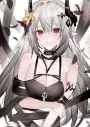 Rule 34 | 1girl, absurdres, arknights, armlet, bare shoulders, bikini, black bikini, black choker, black ribbon, blush, breasts, breasts squeezed together, choker, cleavage, collarbone, flower, hair between eyes, hair flower, hair ornament, highres, horns, infection monitor (arknights), jewelry, large breasts, leaf, long hair, looking at viewer, mudrock (arknights), mudrock (silent night) (arknights), nakazaki yuna, necklace, official alternate costume, pointy ears, red eyes, red flower, ribbon, sarong, simple background, solo, swimsuit, white hair, yellow flower