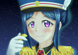 Rule 34 | 1girl, absurdres, alternate hairstyle, animal print, artist name, artist request, ascot, badge, blue dress, blue hair, blue hat, blue sky, blue vest, blush, close-up, cloud, collared dress, conductor, dress, dress shirt, earrings, epaulettes, feathers, female focus, folded ponytail, frog print, gloves, hair between eyes, hair bun, happy party train, hat, hat feather, highres, jewelry, long hair, looking at viewer, love live!, love live! school idol festival, love live! sunshine!!, matsuura kanan, neckerchief, outdoors, parted lips, peaked cap, plaid, plaid dress, pleated, pleated dress, ponytail, purple eyes, purple hair, red ascot, red neckerchief, shirt, shooting star, short hair, short sleeves, single hair bun, sky, smile, solo, star (sky), train conductor, two side up, uniform, v-shaped eyebrows, vest, white feathers, white gloves, white shirt, wing collar