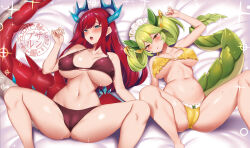 Rule 34 | 2girls, bikini, black bikini, blue eyes, blush, breasts, dragon girl, dragon horns, dragon tail, duel monster, frilled bikini, frills, green hair, green tail, highres, horns, kitchen dragonmaid, large breasts, long hair, looking at viewer, lying, maid, maid headdress, multiple girls, navel, on back, open mouth, parlor dragonmaid, raiou, red hair, red tail, sample watermark, second-party source, spread legs, stomach, swimsuit, tail, tongue, watermark, yellow bikini, yu-gi-oh!