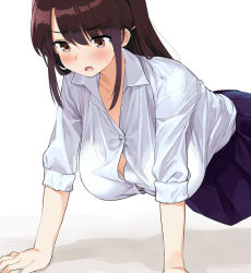 Rule 34 | 1girl, :o, blue skirt, bra, bra peek, breasts, brown eyes, brown hair, button gap, collared shirt, commentary request, dress shirt, exercising, hair ornament, hairclip, kaisen chuui, large breasts, long hair, looking down, open mouth, original, pleated skirt, push-ups, school uniform, shadow, shirt, shirt tucked in, skirt, solo, sweat, underwear, white bra, white shirt