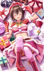 Rule 34 | 1girl, absurdres, ahoge, black hair, blush, boots, box, closed eyes, from above, fur-trimmed skirt, fur trim, gift, gift box, gloves, hair between eyes, hat, highres, idolmaster, idolmaster cinderella girls, kohinata miho, lying, masuku (saint mask), midriff, navel, on back, open mouth, pink thighhighs, red footwear, red gloves, red hat, santa costume, santa gloves, skirt, smile, solo, strapless, stuffed animal, stuffed toy, teddy bear, thighhighs, tube top