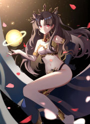 Rule 34 | 1girl, absurdres, anklet, armlet, bandeau, bare legs, barefoot, black gloves, black hair, black thighhighs, earrings, elbow gloves, fate/grand order, fate (series), feet out of frame, gloves, hand on own hip, highres, hoop earrings, ishtar (fate), jewelry, long hair, looking at viewer, midriff, navel, petals, red eyes, shenyin jiade aquan, single glove, single thighhigh, smile, solo, stomach, strapless, thighhighs, thighs, tiara, tube top, two side up