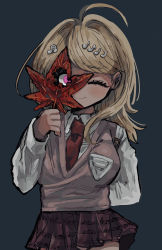 Rule 34 | 1girl, absurdres, ahoge, akamatsu kaede, arm behind back, bad id, bad pixiv id, blonde hair, blush, breasts, closed eyes, collared shirt, commentary, commentary request, cowboy shot, danganronpa (series), danganronpa v3: killing harmony, fortissimo, hair ornament, highres, holding, holding leaf, horror (theme), kara aren, large breasts, leaf, long hair, long sleeves, maple leaf, miniskirt, musical note, musical note hair ornament, necktie, pink eyes, pink vest, pleated skirt, purple skirt, red necktie, school uniform, shirt, simple background, skirt, smile, solo, symbol-only commentary, vest