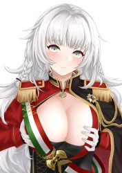 Rule 34 | 1girl, aiguillette, azur lane, black cape, blush, braid, breasts, cape, cleavage, closed mouth, commentary request, commission, corset, epaulettes, gloves, grabbing own breast, grey eyes, hair intakes, hair ornament, head tilt, highres, hokkaidonder, italian flag, jacket, large breasts, long hair, looking at viewer, partial commentary, pixiv commission, red jacket, sash, sidelocks, silver hair, simple background, solo, standing, upper body, very long hair, vittorio veneto (azur lane), white background, white gloves