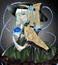 Rule 34 | 1girl, black hat, blouse, borrowed character, bow, buttons, diamond button, doodles, eyeball, frilled shirt collar, frilled sleeves, frills, green skirt, grey hair, hand on own face, hat, hat bow, hat ribbon, heart, heart of string, highres, holding, holding weapon, komeiji koishi, ramochi, ribbon, shirt, short hair, skirt, solo, third eye, touhou, upper body, weapon, wide sleeves, yellow bow, yellow ribbon, yellow shirt