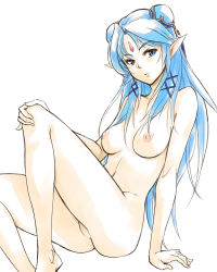 Rule 34 | 1girl, arm support, bad id, bad pixiv id, barefoot, blue eyes, blue hair, breasts, double bun, elf, face, forehead jewel, gus (clarkii), hair bun, hand on own knee, lips, matching hair/eyes, navel, nipples, no pussy, nude, pointy ears, remedia kalar, sketch, solo, toushin toshi, toushin toshi iii