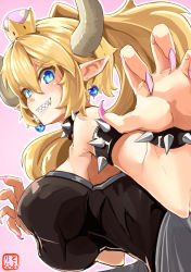 Rule 34 | 1girl, amino dopple, arms up, bare shoulders, black dress, blonde hair, blue eyes, borrowed character, bowsette, bracelet, breasts, choker, claw pose, commentary request, crown, dress, earrings, fangs, fingernails, grin, hair between eyes, horns, huge breasts, impossible clothes, jewelry, long fingernails, long hair, mario (series), nail polish, new super mario bros. u deluxe, nintendo, pointy ears, ponytail, sharp teeth, simple background, sleeveless, sleeveless dress, smile, solo, super crown, teeth, upper body