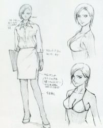 Rule 34 | 1girl, bikini, breasts, character sheet, cleavage, concept art, dark-skinned female, dark skin, dead or alive, dead or alive xtreme, earrings, folder, hair ornament, hairclip, jewelry, lisa hamilton, monochrome, official art, pantyhose, short hair, skirt, solo, swimsuit, tecmo, watch, wristwatch