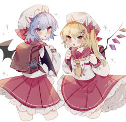 Rule 34 | 2girls, alternate costume, backpack, bag, bag charm, bat (animal), bat wings, blonde hair, blush, bow, buttons, charm (object), collar, commentary request, cropped legs, crystal, flandre scarlet, frilled skirt, frills, hat, hat bow, holding strap, light purple hair, long sleeves, looking at viewer, looking back, multiple girls, necktie, one side up, open mouth, pleated skirt, puffy sleeves, red bow, red collar, red eyes, red sailor collar, red skirt, remilia scarlet, sailor collar, school uniform, serafuku, short hair, siblings, simple background, sisters, skirt, sorani (kaeru0768), touhou, white background, wings, yellow neckwear