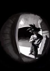 Rule 34 | 1boy, absurdres, black hair, crossed arms, door, dougi, dragon ball, fisheye, full body, greyscale, highres, looking at viewer, male focus, monochrome, pov peephole, sidelighting, solo, son goku, spiked hair, standing, suibotsu (wired), vignetting