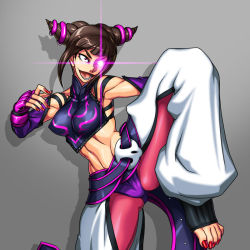 Rule 34 | 1girl, abs, aozoraichi, bare shoulders, barefoot, belt, black hair, capcom, chaps, chinese clothes, crop top, detached sleeves, drill hair, dudou, elbow gloves, evil, evil grin, evil smile, feet, fighting stance, fingerless gloves, gloves, glowing, glowing eye, glowing eyes, grin, halterneck, halterneck, han juri, leg lift, midriff, nail polish, red eyes, red nails, short twintails, skull, smile, solo, street fighter, street fighter iv (series), toeless legwear, toenail polish, toenails, toes, twin drills, twintails