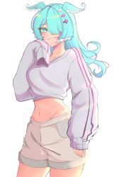 Rule 34 | 1girl, absurdres, adapted costume, blue eyes, blue hair, breasts, cropped sweater, elira pendora, frs ( frs4 ), grey shorts, hair over one eye, head wings, highres, long hair, medium breasts, midriff, navel, nijisanji, nijisanji en, one eye covered, shorts, sleeves past fingers, sleeves past wrists, solo, sweater, virtual youtuber, white background, white sweater, wings