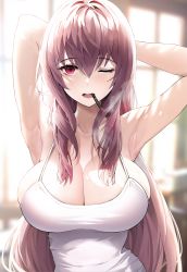 Rule 34 | 1girl, armpits, arms behind head, arms up, backlighting, blush, breasts, camisole, cigarette, cleavage, collarbone, fate/grand order, fate (series), highres, indoors, large breasts, long hair, looking at viewer, mouth hold, one eye closed, open mouth, purple eyes, purple hair, scathach (fate), smoke, smoking, solo, straight hair, suou-sensei, upper body, very long hair, window