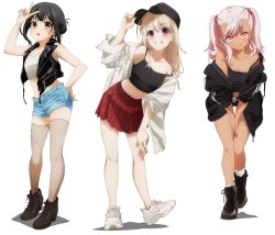 Rule 34 | 3girls, bare shoulders, black hair, blue shorts, blush, breasts, brown eyes, chloe von einzbern, closed mouth, fate/kaleid liner prisma illya, fate (series), fishnets, full body, grin, hair ornament, hairclip, hat, highres, hiroyama hiroshi, illyasviel von einzbern, long hair, looking at viewer, miyu edelfelt, multiple girls, navel, official art, open mouth, orange eyes, pink hair, red eyes, short shorts, shorts, simple background, skirt, small breasts, smile, source request, standing, streetwear, thighhighs, v, white background, white hair