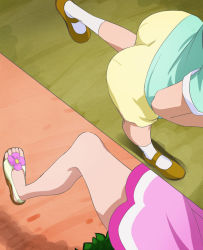 Rule 34 | 2girls, feet, go! princess precure, haruno haruka, haruyama kazunori, head out of frame, legs, multiple girls, nanase yui, precure, running, sandals, socks, toes