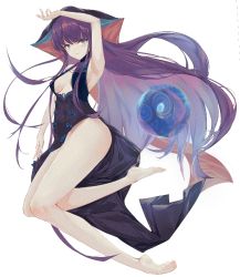Rule 34 | 1girl, :3, aliasing, armpits, bare shoulders, barefoot, black dress, blue eyes, blunt bangs, breasts, center opening, china dress, chinese clothes, dress, eyelashes, fate/grand order, fate (series), hand up, hime cut, jitome, katachi noboru nishikino, light smile, long hair, medium breasts, purple hair, side slit, sidelocks, simple background, smile, solo, thick thighs, thighs, toe scrunch, underboob, very long hair, white background, yang guifei (fate)