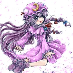 Rule 34 | 1girl, bow, crescent, dress, female focus, from behind, hat, long hair, looking back, nanashii (soregasisan), open mouth, patchouli knowledge, purple eyes, purple hair, ribbon, solo, touhou