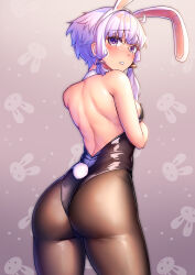 Rule 34 | 1girl, :o, absurdres, animal ears, ass, back, bare shoulders, black leotard, blush, breasts, brown pantyhose, cowboy shot, fake animal ears, fake tail, from behind, gradient background, hairband, highres, leotard, looking at viewer, looking back, nicchi, pantyhose, parted lips, playboy bunny, purple eyes, purple hair, rabbit background, rabbit ears, rabbit tail, short hair with long locks, sideboob, sidelocks, small breasts, solo, tail, voiceroid, white hairband, yuzuki yukari