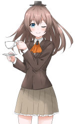 Rule 34 | 10s, 1girl, absurdres, ascot, blue eyes, brown hair, brown jacket, brown skirt, cup, highres, holding, holding cup, jacket, kantai collection, kumano (kancolle), long hair, long sleeves, mino (shoya00), one eye closed, orange ascot, pleated skirt, ponytail, school uniform, simple background, skirt, smile, solo, teacup, white background
