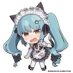 Rule 34 | 1girl, animal ear fluff, animal ears, apron, aqua hair, bell, black bow, black dress, black footwear, black ribbon, blush, bow, breasts, brown eyes, cat ears, cat tail, character name, chibi, commentary, dress, elbow gloves, english commentary, frilled apron, frills, full body, gloves, goddess of victory: nikke, hair ornament, hair ribbon, hairclip, highres, long hair, looking at viewer, maid headdress, name tag, neck bell, neck ribbon, official art, open mouth, pointing, pointing at viewer, privaty (nikke), privaty (unkind maid) (nikke), ribbon, solo, standing, tail, totatokeke, trembling, twintails, v-shaped eyebrows, very long hair, wavy mouth, white apron, white gloves