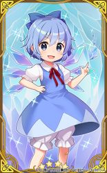 Rule 34 | 1girl, :d, bandaid, bandaid on knee, bandaid on leg, bloomers, blue bow, blue dress, blue eyes, blue hair, blush, bow, card (medium), cirno, collared shirt, commentary request, copyright notice, dress, fang, hair between eyes, hair bow, hand on own hip, ice, ice wings, index finger raised, jigatei (omijin), neck ribbon, official art, open mouth, puffy short sleeves, puffy sleeves, red ribbon, ribbon, shirt, short hair, short sleeves, sleeveless, sleeveless dress, smile, solo, sparkle, touhou, touhou cannonball, underwear, v-shaped eyebrows, watermark, white bloomers, white shirt, wings