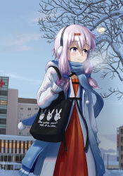 Rule 34 | 1girl, bag, bare tree, blue hoodie, blue scarf, blue sky, blush, bracelet, breath, building, closed mouth, commentary request, cowboy shot, cross, day, dress, earmuffs, gibbous moon, gradient hoodie, hair ornament, hairclip, highres, holding strap, hood, hood down, hoodie, hospital, jewelry, layered dress, logo, looking to the side, mittens, moon, moon in daylight, okhotsk yukari, open clothes, open hoodie, outdoors, purple eyes, purple hair, purple mittens, red cross, red dress, scarf, shoulder bag, signature, sky, smile, snow, snow on tree, solo, source quote, tateyuki, tree, vocaloid, voiceroid, white dress, white hoodie, winter, yuzuki yukari