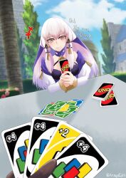 Rule 34 | 1boy, 1girl, bare shoulders, blue sky, breasts, card, choker, claude von riegan, cloud, commentary, day, ebrietas (arayaejiri), fire emblem, fire emblem: three houses, grin, highres, holding, holding card, juliet sleeves, long hair, long sleeves, looking at viewer, lysithea von ordelia, medium breasts, nintendo, off shoulder, outdoors, parted lips, pink eyes, pink hair, pov, puffy sleeves, purple choker, sky, smile, solo focus, uno (game), upper body, very long hair