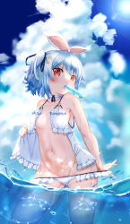 Rule 34 | 1girl, animal ears, bare arms, bikini, bikini pull, blue ribbon, blush, breasts, bubble, carrot hair ornament, choker, clothes pull, cloud, cowboy shot, dongchuan, food-themed hair ornament, food in mouth, frilled bikini, frills, groin, hair ornament, hair ribbon, highres, hololive, looking at viewer, navel, open bikini, open clothes, outdoors, partially submerged, popsicle, popsicle in mouth, rabbit ears, red eyes, ribbon, short hair, side ponytail, sky, small breasts, solo, stomach, summer, sunlight, swimsuit, usada pekora, virtual youtuber, wading, water, white choker