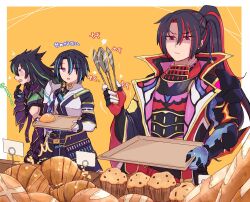 Rule 34 | 3boys, black hair, blue hair, bread, croissant, duel monster, ei (tdnei666), fingerless gloves, food, gauntlets, gloves, green hair, high ponytail, highres, holding, holding tongs, holding tray, jacket, kashtira riseheart, long sleeves, male focus, muffin, multiple boys, open clothes, open jacket, open mouth, popped collar, purple eyes, red hair, scareclaw reichheart, shaded face, short hair, single fingerless glove, single shoulder pad, single sleeve, tongs, tray, visas starfrost, wide sleeves, yu-gi-oh!