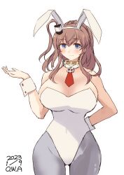 Rule 34 | 1girl, alternate costume, animal ears, artist logo, between breasts, breasts, brown hair, cowboy shot, dated, detached collar, fake animal ears, fake tail, gluteal fold, gradient background, grey eyes, grey pantyhose, hair between eyes, hair ornament, highleg, highleg leotard, highres, kantai collection, large breasts, leotard, looking at viewer, necktie, one-hour drawing challenge, owa (ishtail), pantyhose, pink background, playboy bunny, ponytail, rabbit ears, rabbit tail, saratoga (kancolle), smile, solo, strapless, strapless leotard, tail, white leotard, wrist cuffs