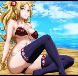 Rule 34 | 1girl, arm support, artist name, bare shoulders, beach, bikini, black thighhighs, blonde hair, blue eyes, blue sky, bracelet, breasts, bug, butterfly, cleavage, cloud, collarbone, earrings, fairy tail, female focus, floral print, flower, hair flower, hair ornament, highres, hip focus, insect, jenny realight, jewelry, knees, large breasts, legs, letterboxed, light smile, lips, long hair, looking at viewer, no shoes, ocean, outdoors, parted bangs, perspective, print bikini, print thighhighs, sand, sitting, skindentation, skull and crossbones, sky, smile, solo, string bikini, striped bikini, striped clothes, swimsuit, text focus, thighhighs, thighs, underboob, watermark
