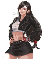 Rule 34 | 1girl, bare shoulders, belt, black hair, black jacket, black skirt, breasts, brown hair, crop top, dangle earrings, dapx, earrings, elbow gloves, final fantasy, final fantasy vii, final fantasy vii remake, fingerless gloves, gloves, hand on own hip, highres, jacket, jewelry, large breasts, leather, leather jacket, long hair, looking at viewer, low-tied long hair, midriff, miniskirt, navel, open clothes, open mouth, red eyes, shirt, simple background, skirt, smile, solo, standing, suspender skirt, suspenders, suspenders gap, tank top, taut clothes, taut shirt, tifa lockhart, white background, white shirt, white tank top