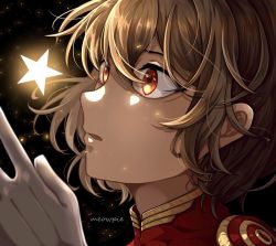 Rule 34 | 1boy, akechi gorou, black background, close-up, commentary, from side, gloves, hair between eyes, male focus, meowpie, open mouth, orange eyes, persona, persona 5, portrait, short hair, sidelocks, signature, solo, star (symbol), tagme, white gloves