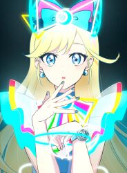 Rule 34 | 1girl, ashiyu (t0m1), black background, blonde hair, blue bow, blue eyes, blue nails, bow, bracelet, commentary request, crescent, earrings, glowing clothes, hair bow, hands up, highres, himitsu no aipri, hoshikawa mitsuki, idol clothes, jewelry, long hair, looking at viewer, nail polish, open mouth, pretty series, solo, upper body