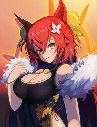 Rule 34 | 1girl, animal ear fluff, animal ears, bad id, bad pixiv id, bare shoulders, bell, black dress, breasts, center opening, cleavage, cleavage cutout, clothing cutout, dress, flower, fox ears, fox girl, fur, fur trim, hair flower, hair ornament, halo, highres, japanese clothes, kuroha (rockluo213), large breasts, long hair, looking at viewer, looking to the side, open mouth, original, red eyes, red hair, sleeveless, solo, tamamo no mae, traditional clothes