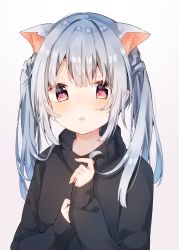 Rule 34 | 1girl, absurdres, animal ear fluff, black sweater, blush, fang, gradient background, heripiro, highres, long hair, looking at viewer, open mouth, original, red eyes, silver hair, simple background, skin fang, solo, sweater, upper body, white background