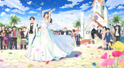 Rule 34 | 6+boys, 6+girls, arms up, bare shoulders, bird, black hair, bouquet, bow, bowtie, bride, brown eyes, brown hair, building, business suit, church, couple, crowd, day, dove, dress, drum, drumsticks, flower, formal, glasses, groom, hat, highres, husband and wife, instrument, long hair, multiple boys, multiple girls, necktie, open mouth, original, outdoors, palm tree, petals, ponytail, short hair, smile, strapless, strapless dress, suit, taka (tsmix), tree, tuxedo, wedding, wedding dress, white dress, white suit