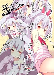 Rule 34 | &gt; &lt;, 1girl, alternate costume, alternate hairstyle, animal ears, azur lane, blush, breasts, camisole, commentary request, fake animal ears, fuuna thise, hairband, highres, jacket, laffey (azur lane), looking at viewer, manjuu (azur lane), multiple views, off shoulder, one-piece swimsuit, open clothes, open jacket, pink jacket, ponytail, purple eyes, pursed lips, rabbit ears, red hair, sidelocks, small breasts, striped clothes, striped one-piece swimsuit, swimsuit, thumbs up, translation request, twintails