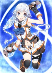 Rule 34 | 1girl, :d, arm up, bad id, bad pixiv id, black gloves, black thighhighs, blue eyes, braid, dual wielding, gloves, holding, looking at viewer, navel, open mouth, original, silver hair, smile, solo, sword, thighhighs, twin braids, weapon, yappen, yatsu (sasuraino)