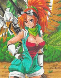 Rule 34 | 1girl, 2020, bare shoulders, breasts, cleavage, earrings, forest, hand on own hip, highres, jacket, jewelry, kerchief, large breasts, long hair, metal slug, metal slug attack, nature, non-humanoid robot, open clothes, open jacket, orange hair, outdoors, ponytail, purple eyes, ravernclouk design, robot, robot animal, smile, snk, solo, thick thighs, thighhighs, thighs, traditional media, victoria (metal slug), wade (metal slug)